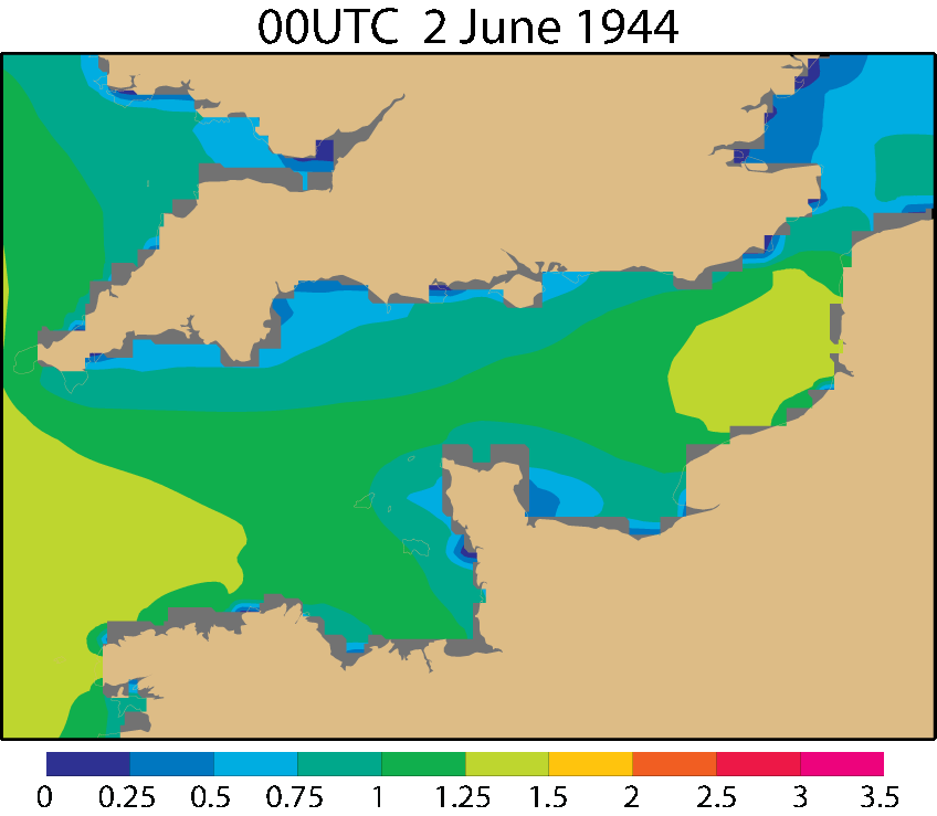animation showing  Significant wave height (metres) for 2 to 7 June  from a wave model with 0.1o grid, driven by winds from successive 6h, 9h, 12h and 15h forecasts, produced 12 hourly.