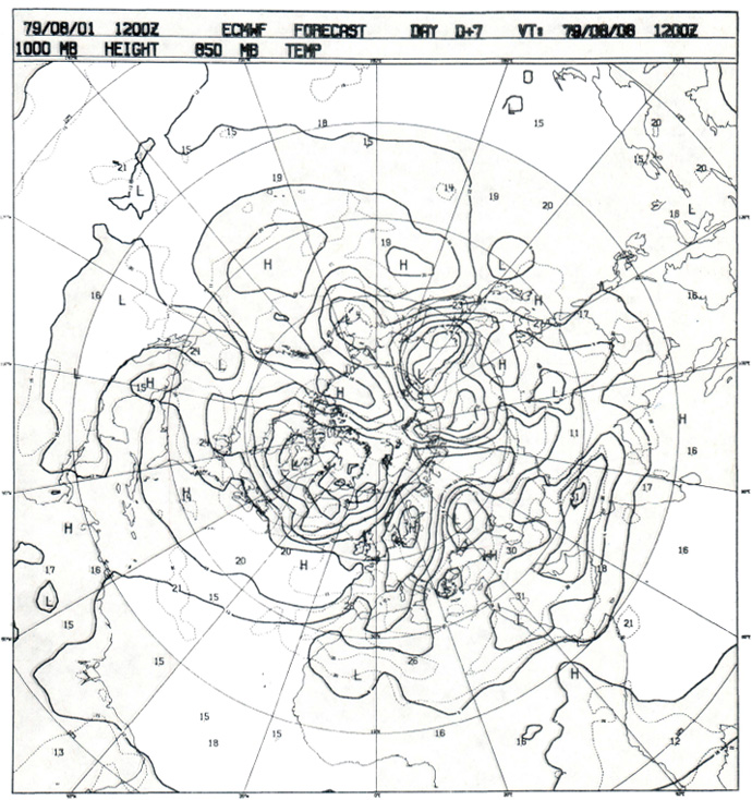 7-day forecast of 1000 hPa geopotential height and 850 hPa temperature made from 1 August, verifying on 8 August 1979