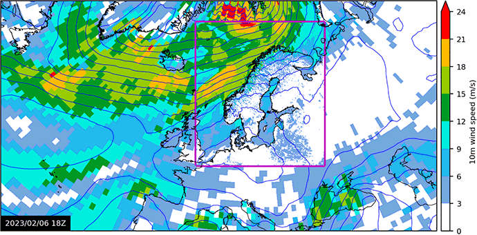 AIFS forecast animation using stretched-grid approach Animation showing 7-day forecast of 10m wind speed and sea-level pressure using data-driven stretched grid approach. the model successfully creates higher-resolution structure over the Nordics.