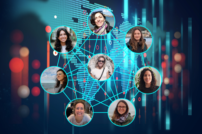 Internatiomal Women and Girls in Science 2025 graphic showing neural network connecting 8 ECMWF staff