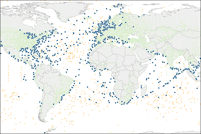 ECMWF data coverage from ships, buoys and on land