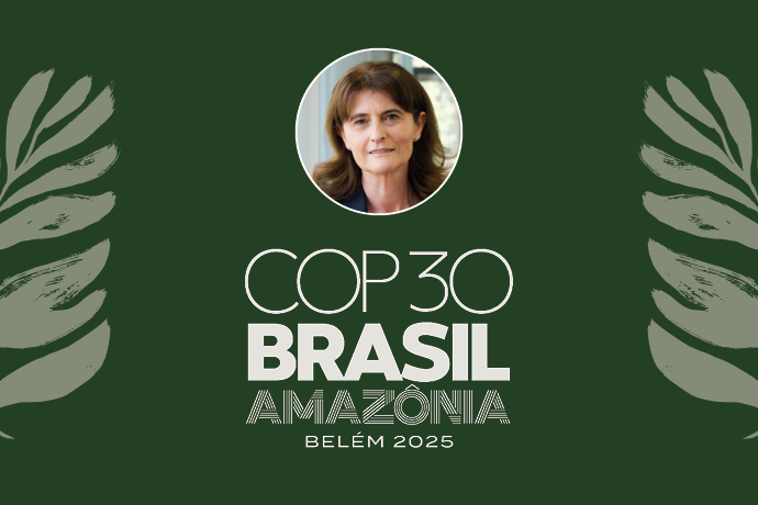 Green background with light green leaves at the right and left edges. In the middle is a circle photo of Florence Rabier with the COP30 logo underneath