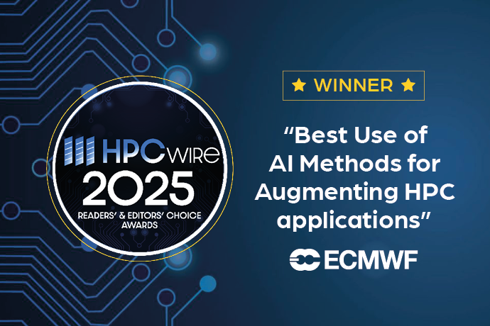 Blue background with a circle on the left containing text that reads "HPCwire 2025 Readers' and Editor's choice awards". On the right yellow text reads "Winner" and below that white text that reads "Best use of AI methods for augmenting HPC application". The ECMWF logo is below this text.