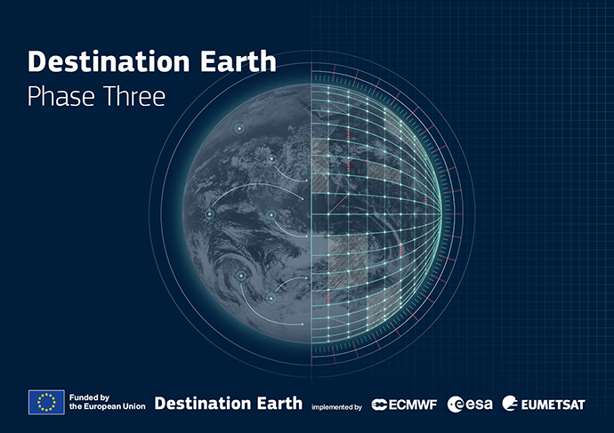 blue backgound with Earth on and white text reading "Destination Earth Phase three". Logos for ECMWF, Destination earth, the EU, ESA and EUMETSAT are at the bottom