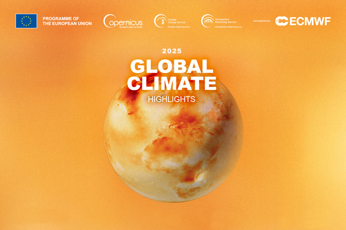 An orange-themed graphic featuring a large planet-like sphere in the center, resembling Jupiter with swirling patterns of beige and brown. At the top, the text “2025” is visible. The bottom section includes several logos: the European Union flag with “Programme of the European Union,” the Copernicus logo, the Climate Change Service logo, the Atmospheric Monitoring Service logo, and the ECMWF logo. The background is a gradient of warm orange tones.