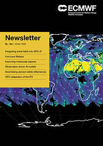 Front cover of ECMWF Newsletter 186 featuring a map of the world on a black background