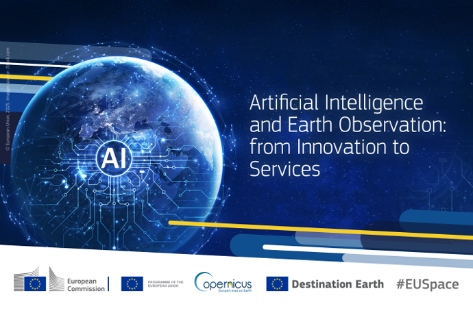 A digital graphic showing a glowing blue Earth with circuit‑like lines extending across the surface, symbolizing artificial intelligence. A circular icon with the letters “AI” appears over the globe. To the right, white text reads: “Artificial Intelligence and Earth Observation: from Innovation to Services.” Along the bottom are logos for the European Commission, the EU Programme, Copernicus, Destination Earth, and the hashtag #EUSpace. Background is a dark star‑filled space scene