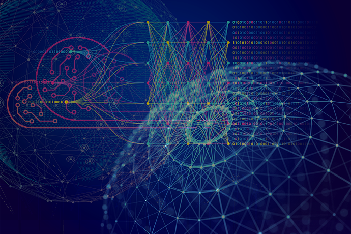 Abstract graphic showing interconnected neural‑network diagrams, binary code, and geometric mesh patterns, representing AI, data flows, and complex computational networks.