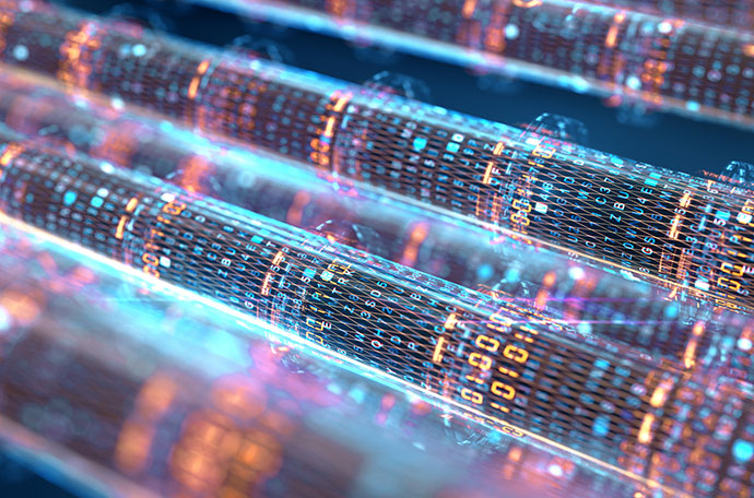 Abstract digital data streams represented as glowing tubes filled with binary code.