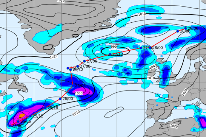 A weather chart showing pressure systems and rainfall over the North Atlantic and Western Europe, with coloured precipitation areas and labelled storm tracks.
