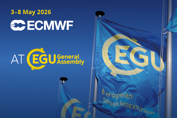 ECMWF at EGU General Assembly 2026 banner with blue EGU flags, showing dates 3–8 May 2026.