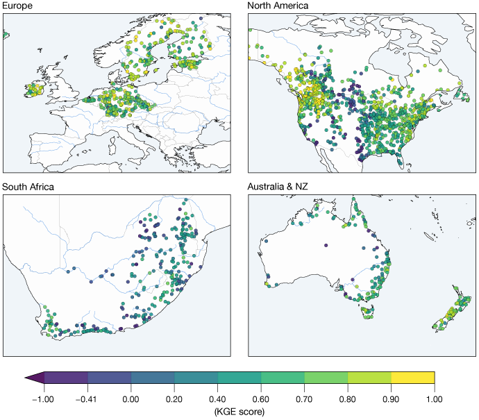 Four regional maps (Europe, North America, South Africa, and Australia & New Zealand) showing colored points at monitoring sites, with colours indicating KGE scores on a scale from −1 to 1.