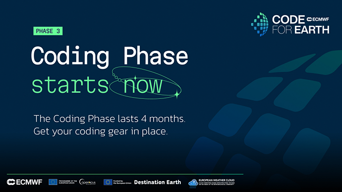 Promotional graphic announcing Code for Earth Phase 3 coding phase (May–September 2026), with message “Coding phase starts now” and ECMWF and partner logos.