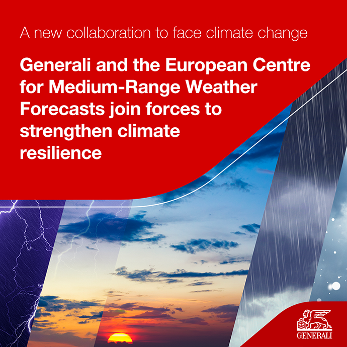 Graphic showing extreme weather scenes—lightning, sunset clouds and heavy rain with white text about the Generali–ECMWF collaboration on climate resilience on red background. The Generali logo is in the bottom right.