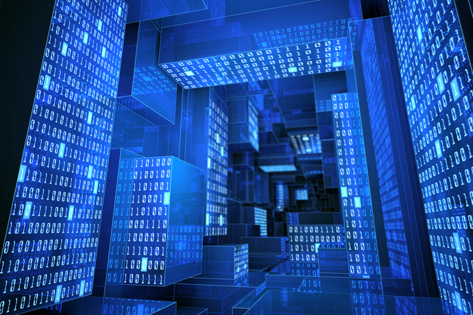 Abstract digital corridor filled with blue, glass-like structures displaying streams of binary code (0s and 1s).