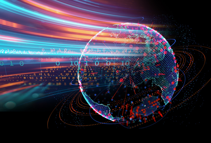 Stylised digital globe composed of data points and binary code, with colourful light trails representing fast-flowing global data.