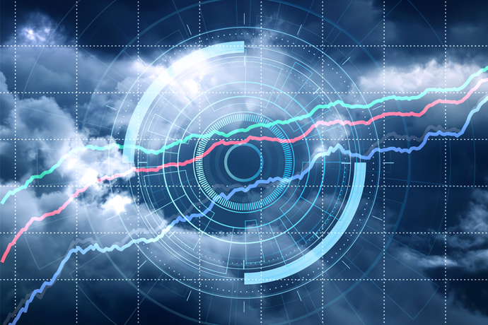 Stylised graphic of rising forecast skill, with multiple coloured trend lines increasing across a grid overlaid on clouds and a circular digital interface.
