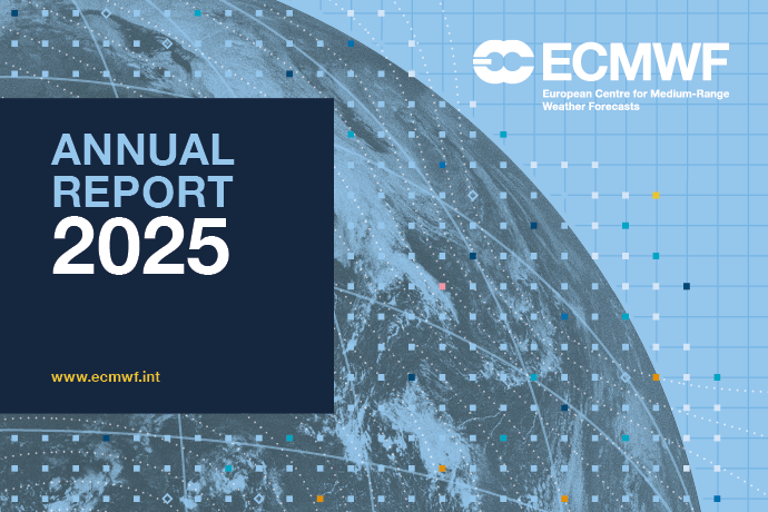 Cover of ECMWF Annual Report 2025 with Earth image, data grid overlay, and ECMWF logo.