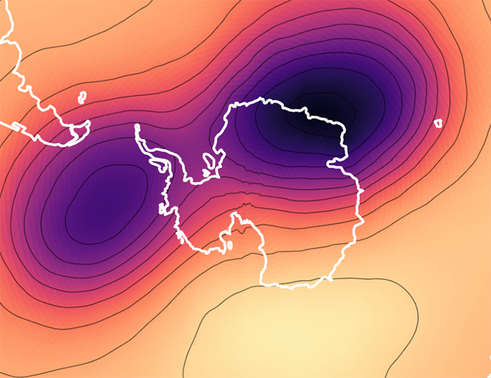 Polar map centred on Antarctica showing geopotential height at 50 hPa during a stratospheric polar-vortex split event. Two dark purple vortex centres flank Antarctica, with tightly packed contour lines indicating strong gradients. Colours transition from pale orange to deep purple, highlighting the split structure of the Antarctic polar vortex.