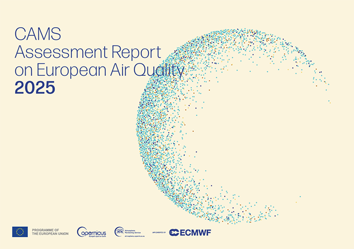 Cover image of CAMS European air quality report 2025 with light yellow background and a circle covered in dots. Logos for the EU, Copernicus, CAMS and ECMWF at the bottom