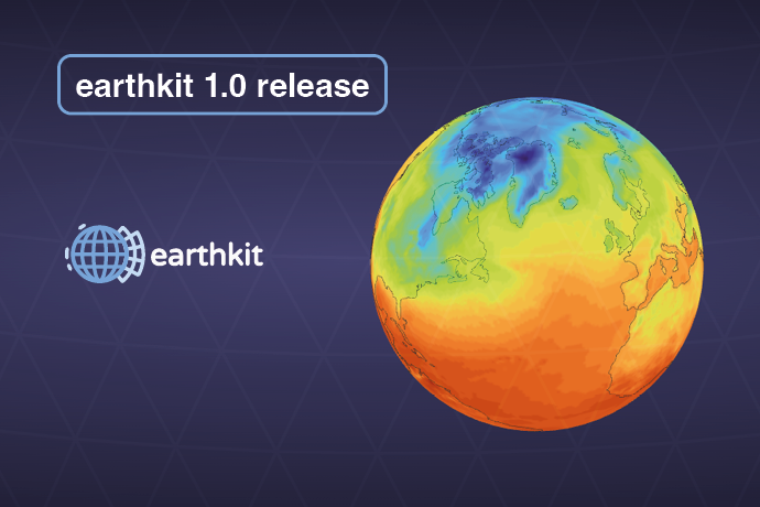 Graphic with a blue background, a colourful Earth, the earthkit logo and the text "earthkit 1.0 released"