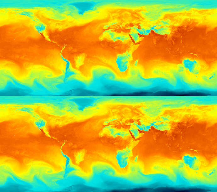 Animated two panels of global map of near-surface air temperature, showing warmer conditions in orange and red across land and tropical regions, and cooler conditions in blue over oceans and polar areas.