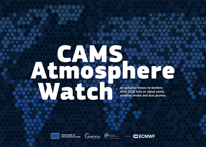 Cover of the CAMS Atmosphere Watch 2026 report, showing a stylised blue world map with the title “CAMS Atmosphere Watch” and a subtitle referring to ozone, wildfire smoke and dust plumes.