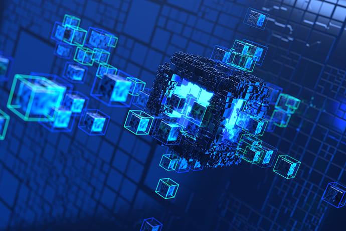 Abstract blue digital data cubes floating around a glowing central cube against a grid-like background, representing data storage, processing, or interconnected digital information.