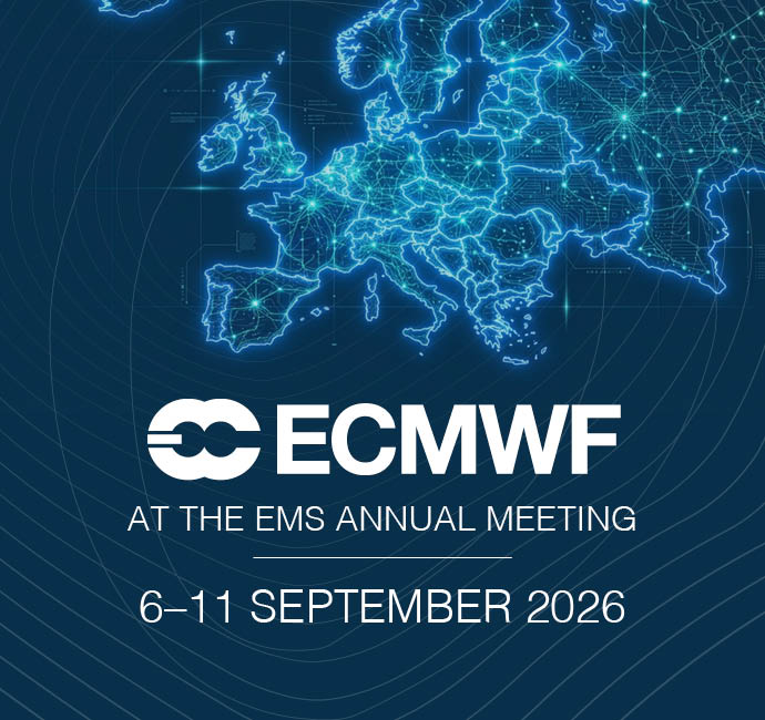 Promotional graphic for ECMWF at the EMS Annual Meeting 2026, showing a glowing digital map of Europe with interconnected data networks above the ECMWF logo and event dates, 6–11 September 2026.