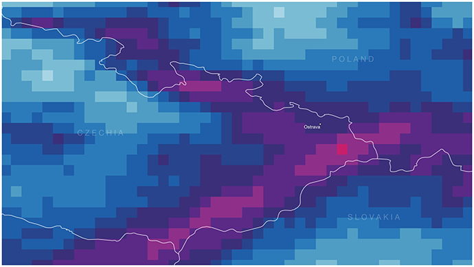 map showing gridded values across Czechia, Poland and Slovakia, with darker purple and pink bands indicating higher concentrations and blue areas indicating lower values.