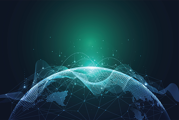 Stylised digital globe with interconnected data networks, illustrating global data exchange, collaboration and information flows across the Earth.