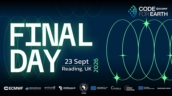 Promotional graphic for the Code for Earth Final Day, featuring the words “FINAL DAY” on a dark blue background with green geometric line patterns, event details “23 Sept, Reading, UK, 2026”, the Code for Earth logo, and partner organisation logos along the bottom.