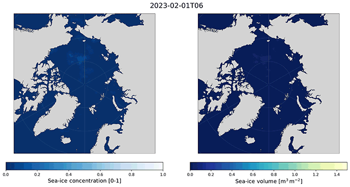 Side-by-side maps of Arctic sea ice showing sea-ice concentration and sea-ice volume, highlighting differences in ice distribution across the Arctic Ocean