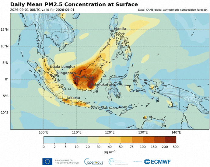 Animation showing daily mean surface PM2.5 concentrations across Indonesia and surrounding Southeast Asia during September 2026, with higher concentrations shown in orange and red.