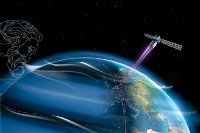 Aeolus in orbit with laser beam Aeolus in orbit with laser beam
