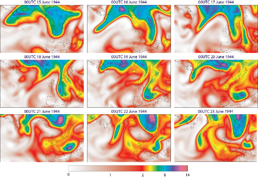 ERA-CLIM analyses of potential vorticity (10-6 m2 s-1 K kg-1) on the 330 K isentropic surface for 00 UTC from 15 to 23 June 1944.