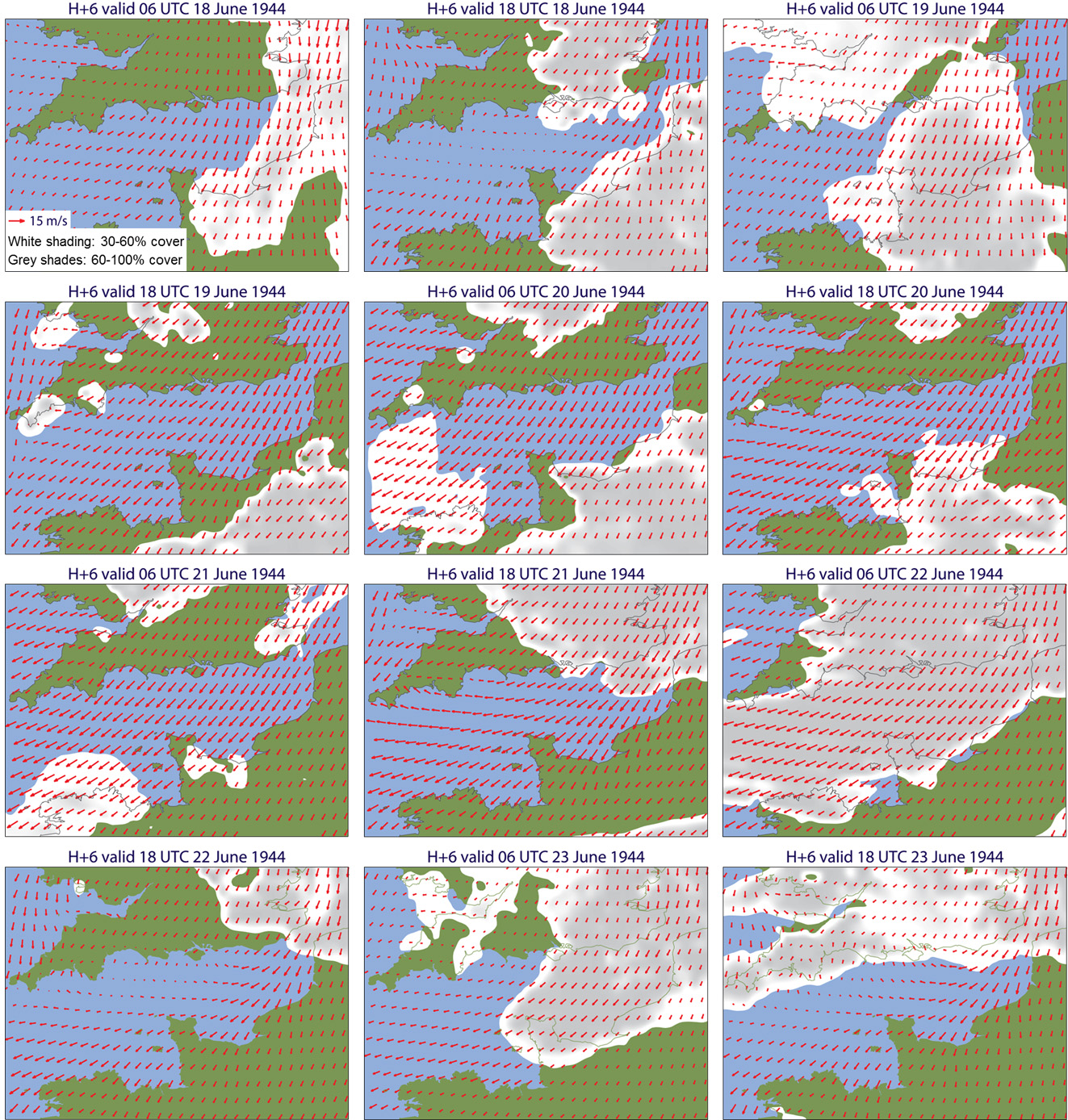  Cloud cover and 10m wind from short-range high-resolution forecasts for 06 and 18 UTC from 18 to 23 June 1944.