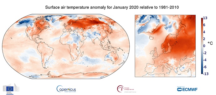 C3S Surface air temperature anomaly for January 2020 relative to 1981–2010. 