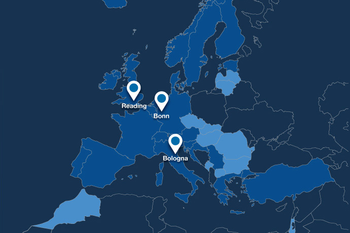 Map showing ECMWF sites in the UK, Germany and Italy