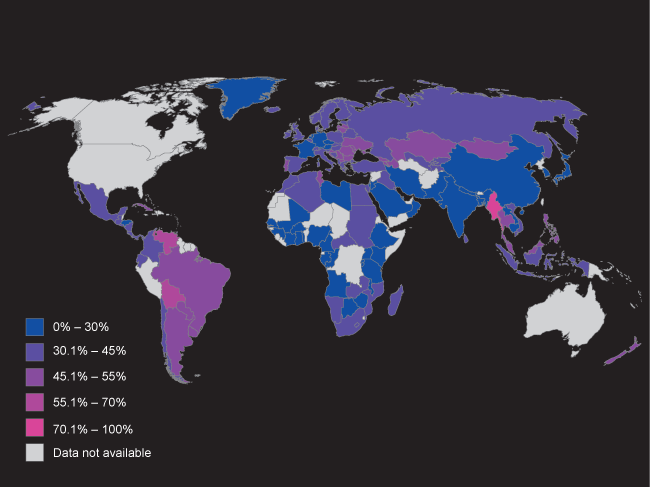 UNESCO map, percentage female researchers by region