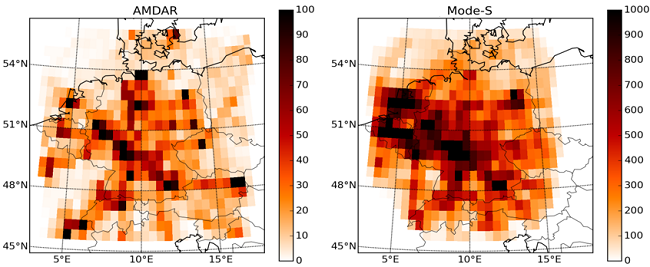 Number of AMDAR and Mode-S aircraft observations