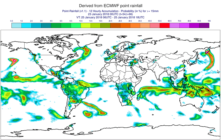Example, for a day 3 forecast and rainfall accumulated over 12 hours, illustrating how probabilities of exceeding a given rainfall threshold (15 mm in this example) can vary between the raw ensemble data and ecPoint-Rainfall.