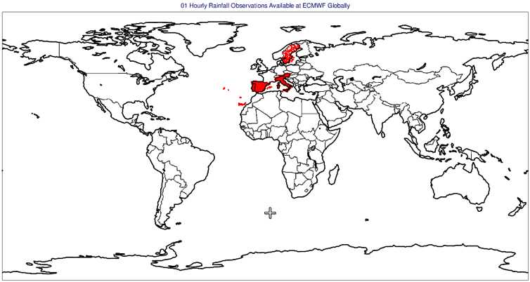 Location of all rainfall observations for 1, 6, 12, and 24-hourly accumulations on one particular day available at ECMWF