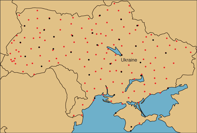 Map of Ukraine weather stations sending observations to ECMWF