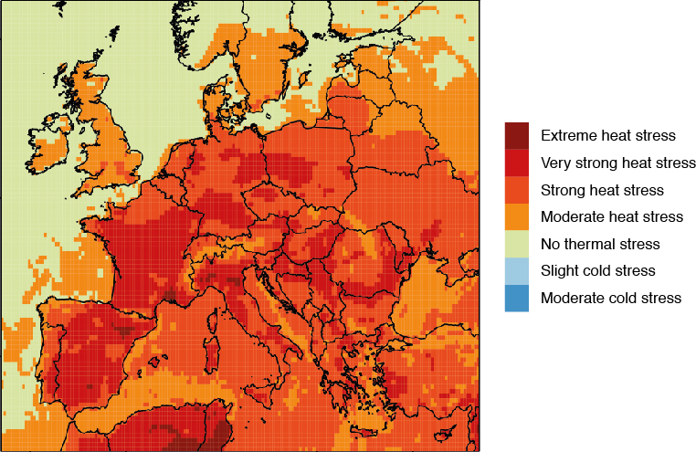 UTCI heat stress plot for Europe in June 2019