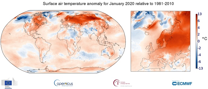 Surface air temperature anomaly for January 2020