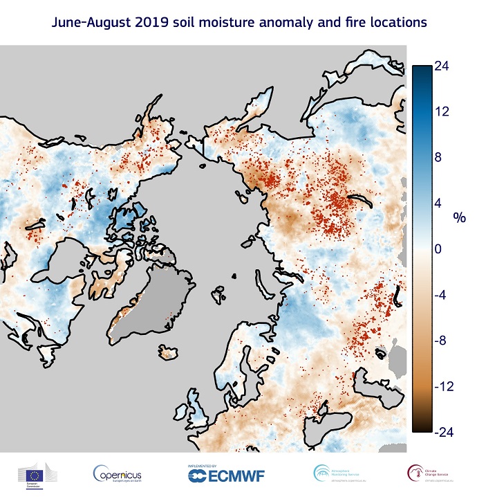 Wildfires and soil moisture anomalies Jun-Aug 2019