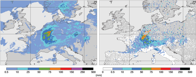 24-hour rainfall 14 July 2021 at 06 UTC 6 hours in advance and recorded