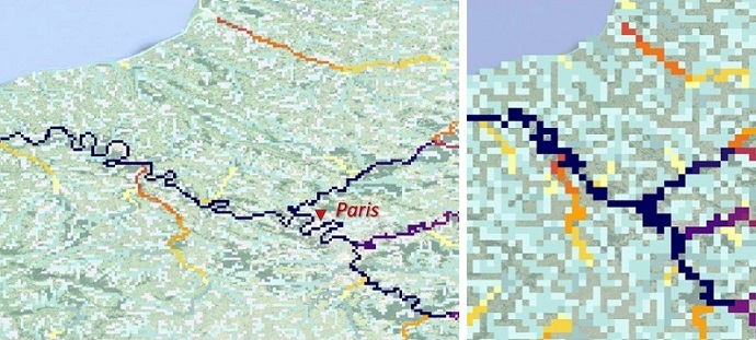 EFASNext vs EFAS 4.0 river representation in Paris region