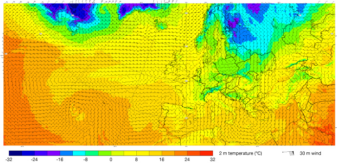 ecCharts example image of 2 m temperature, 30 m wind